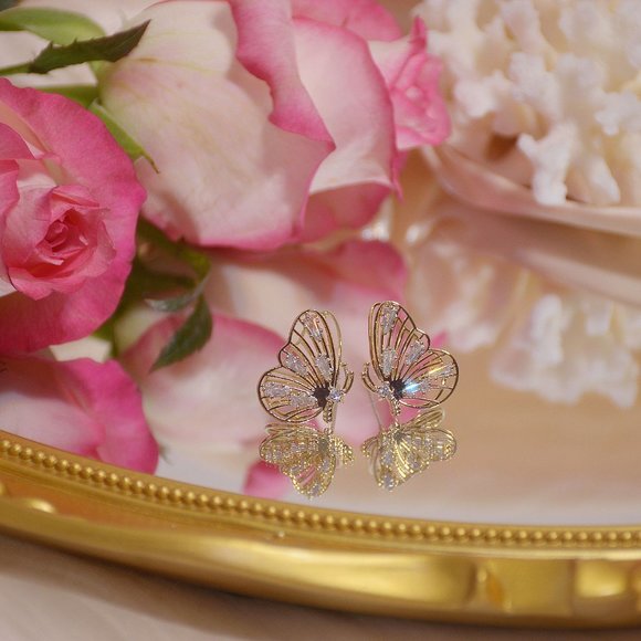 NEW 14K Gold Plated Diamond Butterfly Earrings - Picture 7 of 13